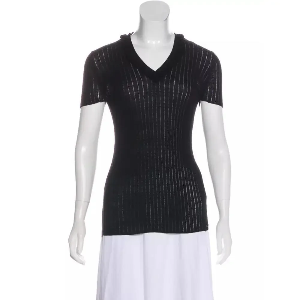 2009 CHANEL 09P Black Rib Knit Top V-Neck Shirt FR-34 US-2 Cotton Short Sleeve